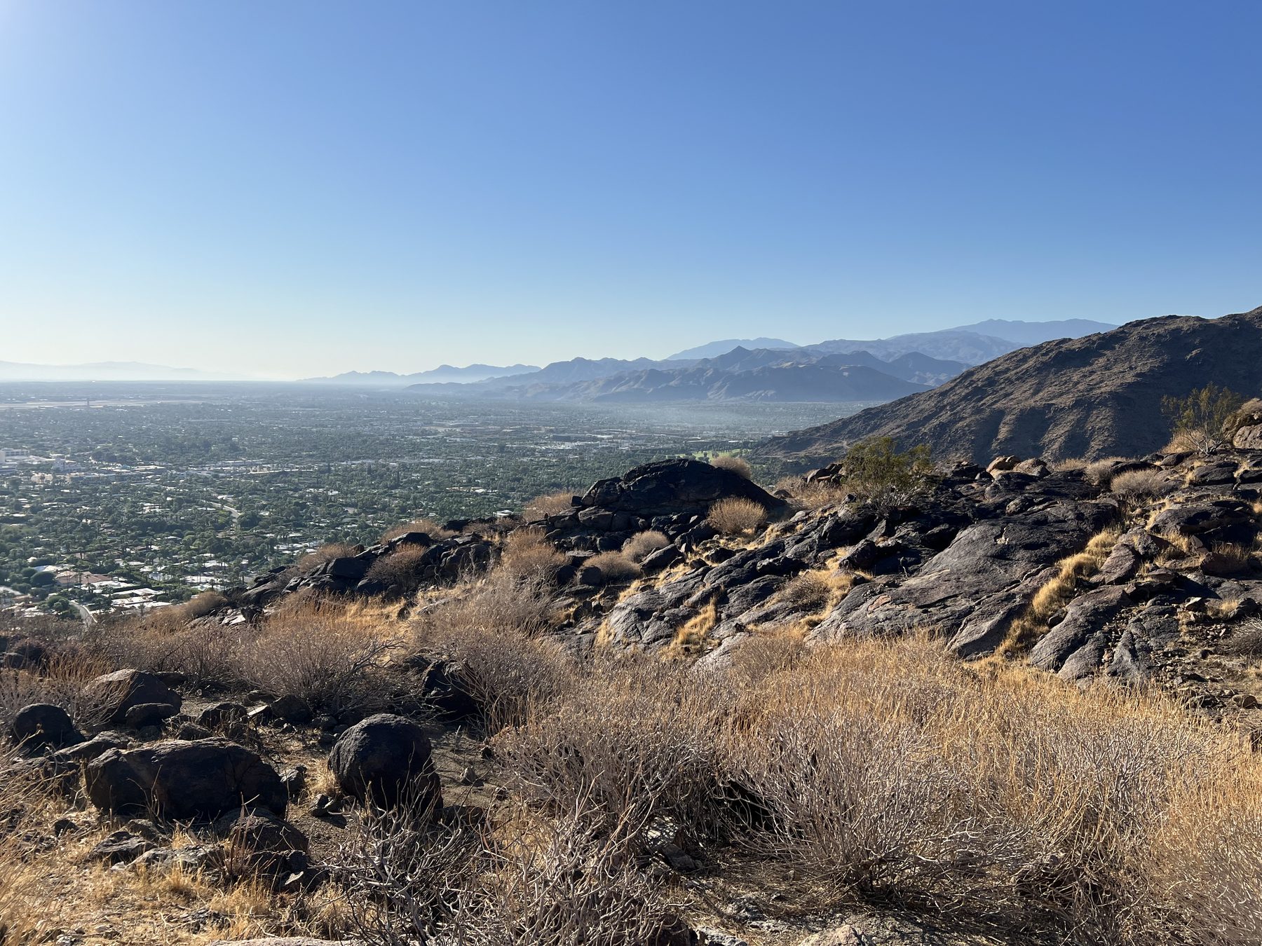 The Coachella Valley spread below, viewed from the desert mountain trail above Palm Springs